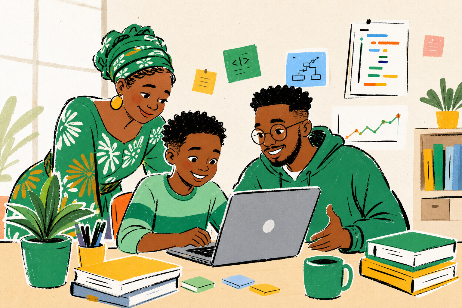 A child learning to code at home with a teacher while a parent follows their progress